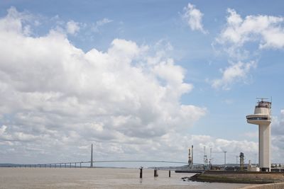 Lighthouse by sea against sky