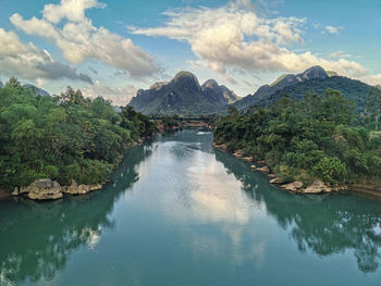 Scenic view of lake and mountains against sky