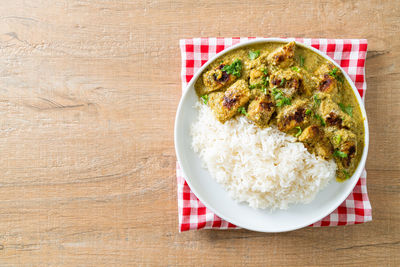 High angle view of food in plate on table