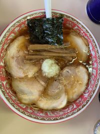 High angle view of soup in bowl on table