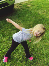 High angle view of girl playing in park