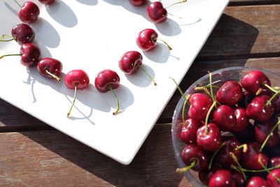 High angle view of cherries in bowl on table