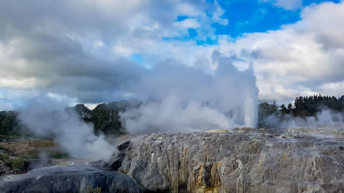 Panoramic view of volcanic landscape against sky