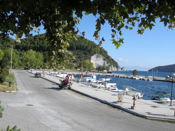 View of boats moored at harbor 