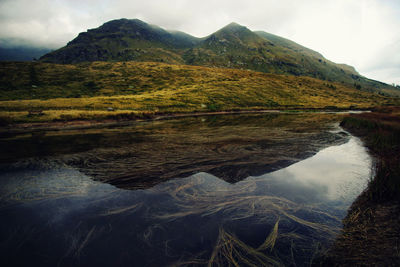 Scenic view of lake against cloudy sky