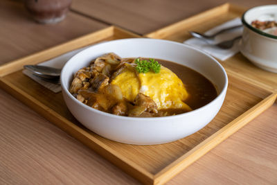 High angle view of food in bowl on table