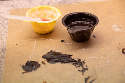 High angle view of chocolate cake on table