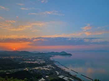 High angle view of sea against sky during sunset