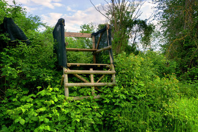 Built structure in forest against sky