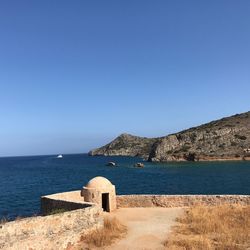 Scenic view of sea against clear blue sky