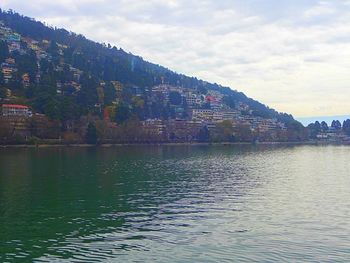 Scenic view of river against cloudy sky