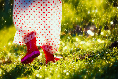 Low section of person wearing rubber boots and raincoat while standing on grass during rainfall