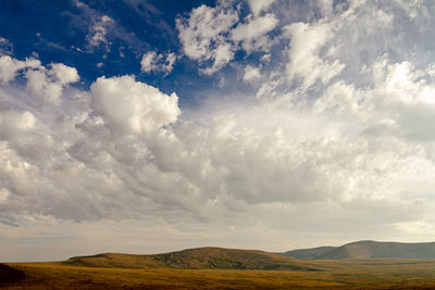 Altai mountain landscape autumn valley. blue sky with white clouds