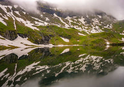 Scenic view of snowcapped mountains during summer at a glacial lake 