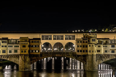 Arch bridge over river against sky in city at night