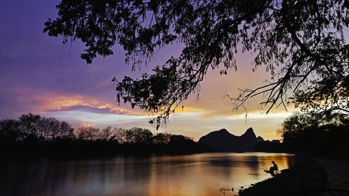 Silhouette tree by lake against sky during sunset