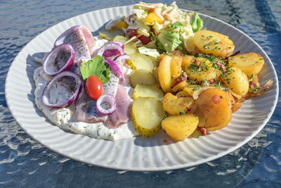 High angle view of food in plate on table