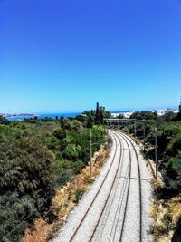 View of railroad tracks against clear blue sky