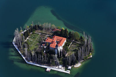 Aerial view of the visovac island with monastery on krka river