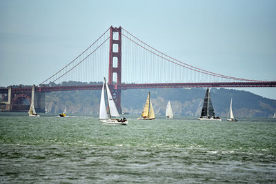 View of suspension bridge over sea against clear sky