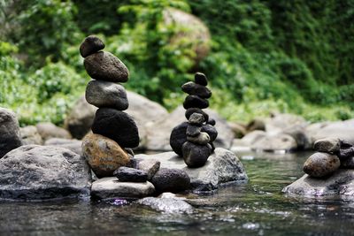 Stack of stones in pebbles. rock balancing art. 