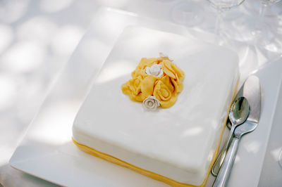 High angle view of wedding cake on table