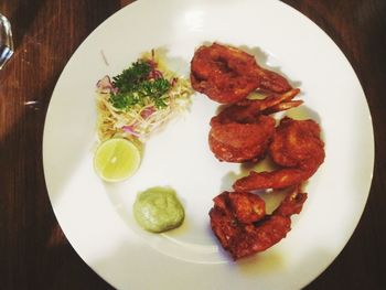 High angle view of food in plate on table