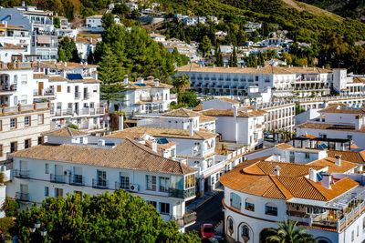 High angle view of houses in city