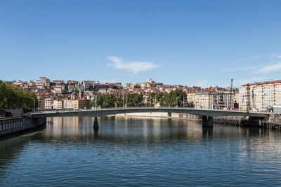 Bridge over river by buildings in city against sky