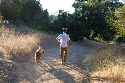 The back of a boy and his dog walking on a trail