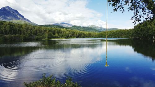 Scenic view of lake against cloudy sky
