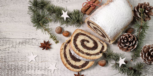 High angle view of christmas decorations on table