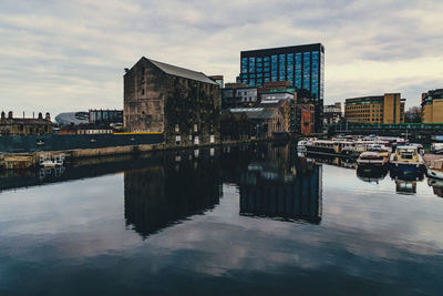 Reflection of cityscape in water against sky