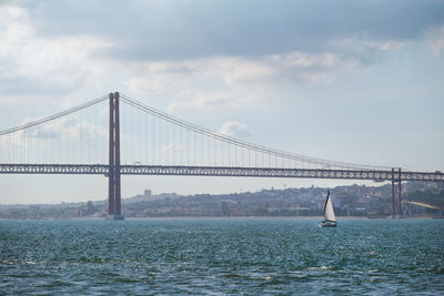 Suspension bridge over sea against sky