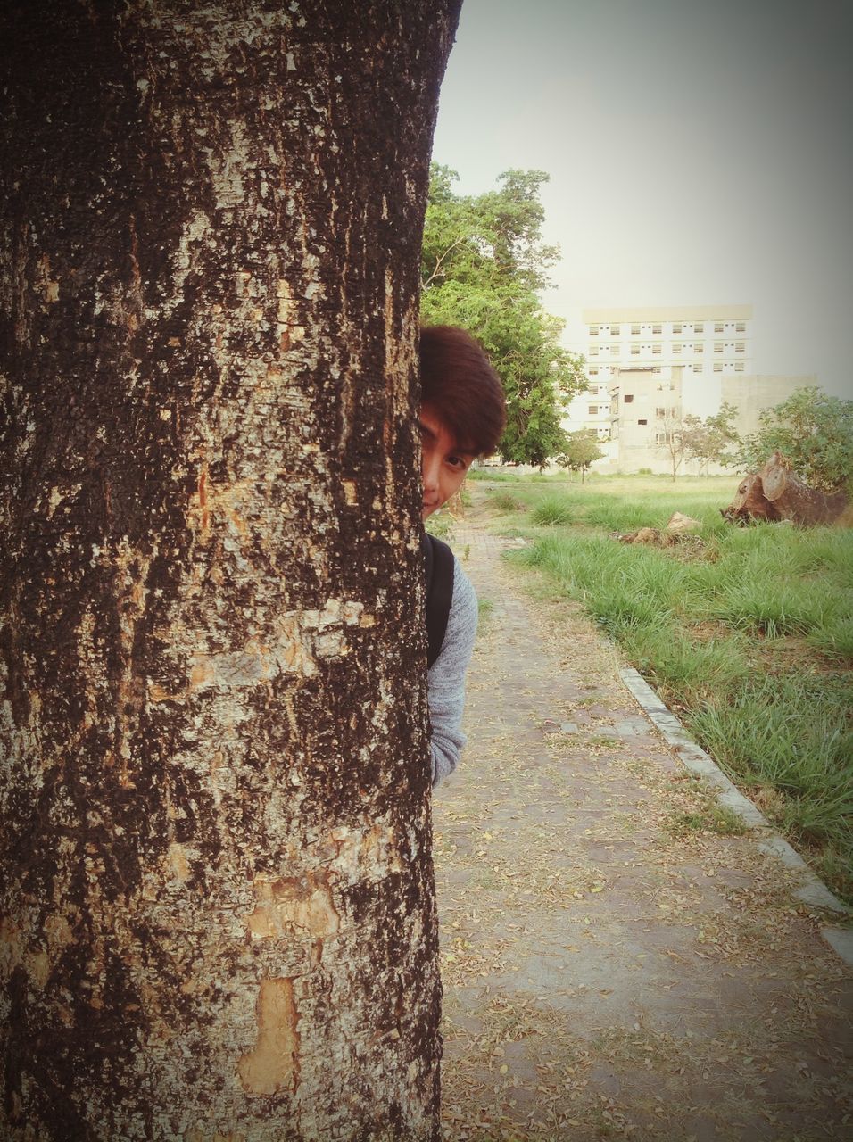 tree, lifestyles, standing, day, outdoors, leisure activity, sunlight, grass, front view, young adult, casual clothing, shadow, street, road, nature, side view, young women, tree trunk