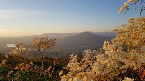 Scenic view of sea and mountains against sky