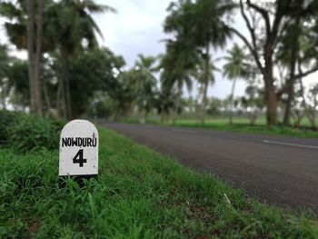 Information sign on grassy land by road against trees