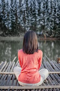 Rear view of woman sitting by lake against trees