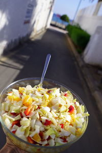 High angle view of chopped vegetables in bowl