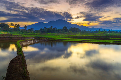 Scenic view of lake against sky during sunset
