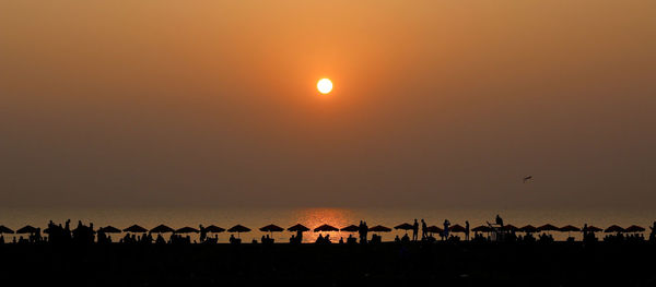 Silhouette birds on landscape against sky during sunset