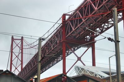 Low angle view of april 25th bridge against sky in city