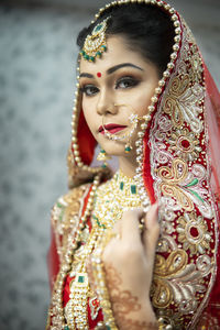 Portrait of bride wearing traditional clothing