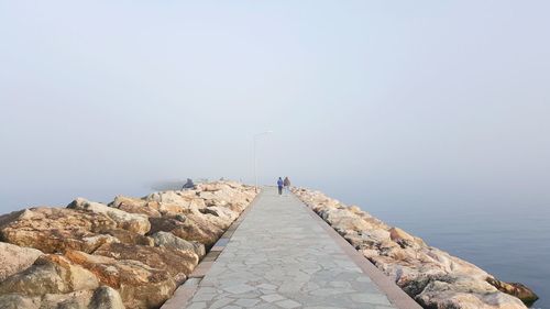 Rear view of man standing on rock by sea against clear sky