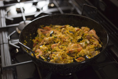 High angle view of meat in frying pan