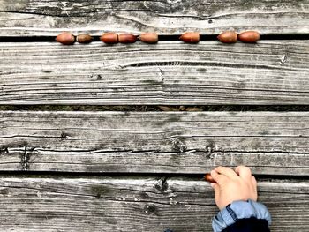 Directly above shot of person hand on wooden plank