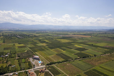 Telavi view from the helicopter, high angle view of the village and fields, georgian country view