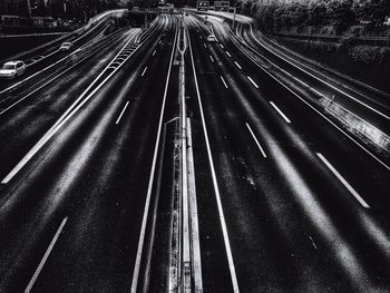 High angle view of railroad tracks at night