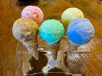 High angle view of ice cream on table