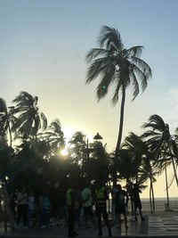 People by palm trees against sky